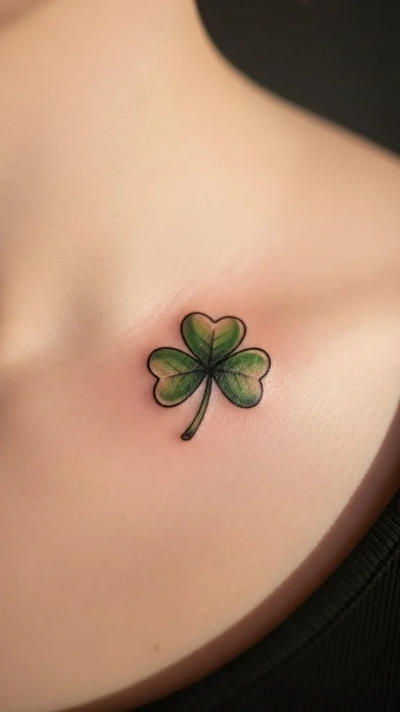 Tiny Shamrock Collarbone Tattoo