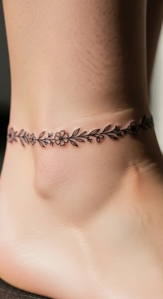Floral Anklet Line Tattoo