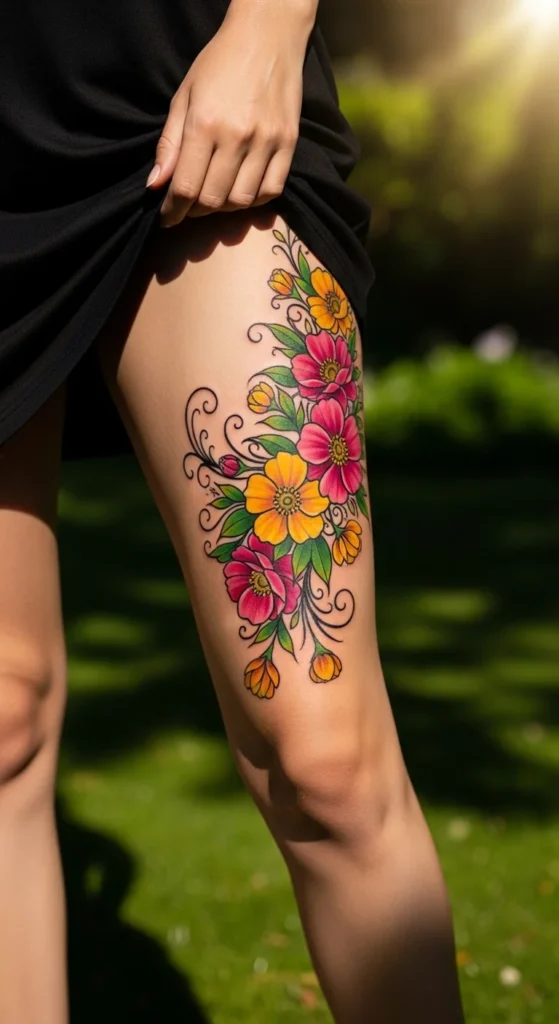 Spring Floral Thigh Tattoos