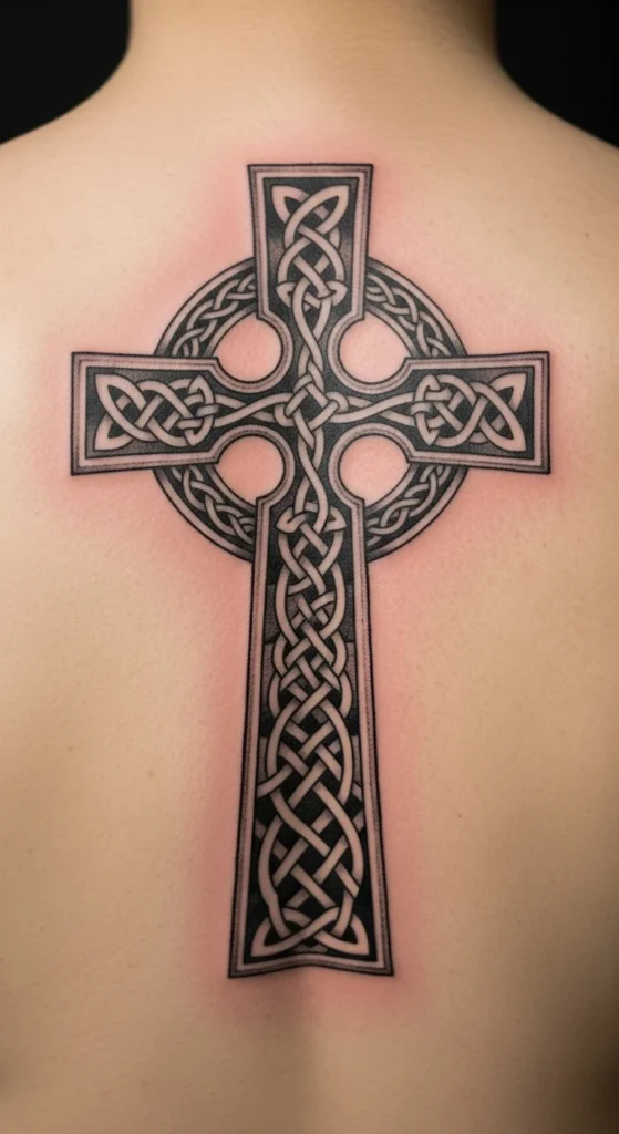 Vertical Celtic Cross Spine Tattoo
