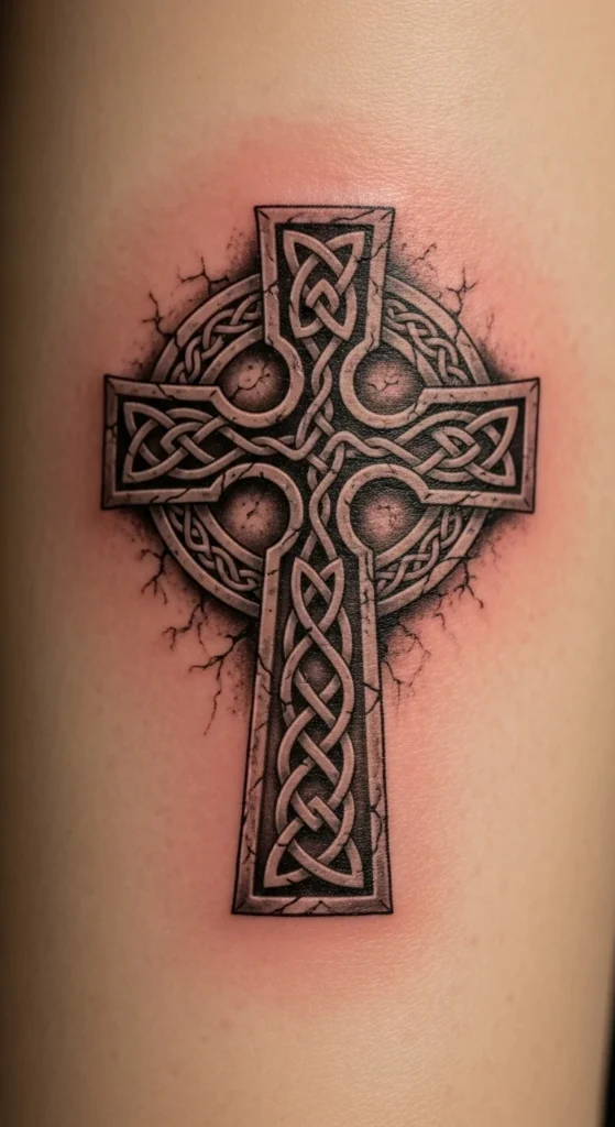 Weathered Celtic Cross Memorial Tattoo
